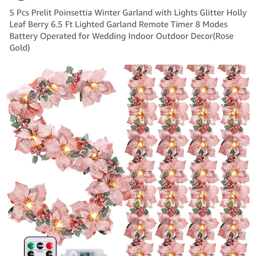 Prelit Poinsettia Winter Garland with Lights - Rose Gold
